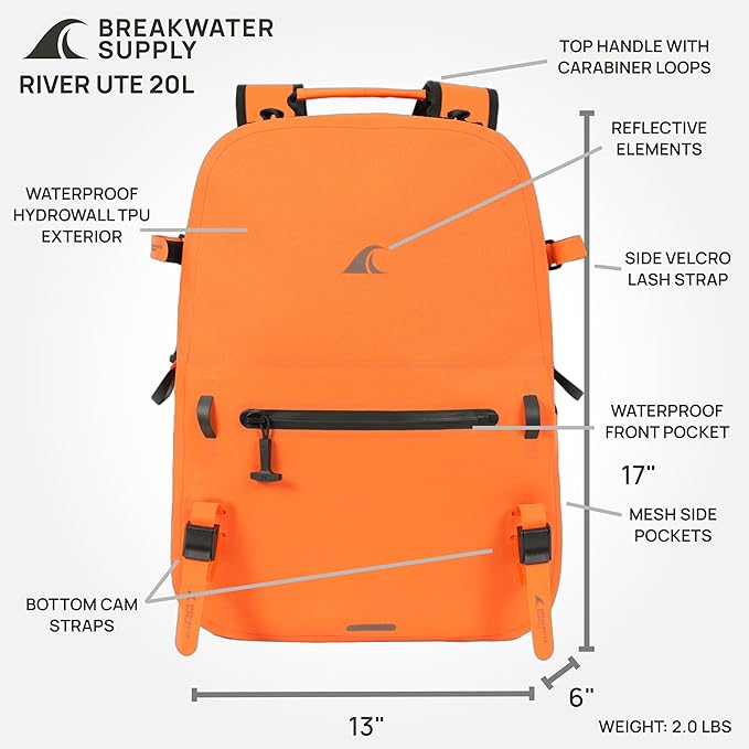 Breakwater Supply™ River Ute Waterproof IP68 Utility Backpack, Floating TPU Submersible Dry Bag with Padded Hip Belt and Airtight Zippers | 20L (River Ute 20L Safety Orange)