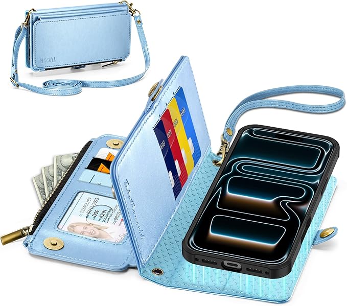 TUCCH Crossbody Detachable Wallet Case for iPhone 17 Pro Max, 10 Card Slots RFID Blocking | Wireless Charging | Wrist Strap Lanyard | Stand | Zipper Pocket | PU Leather Phone Cover | Pearly Light Blue