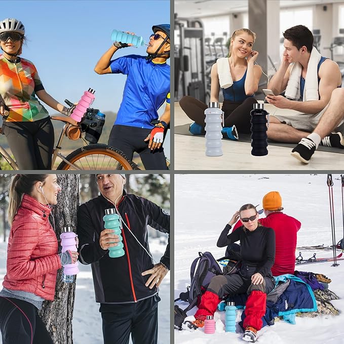 JaneJu Collapsible Water Bottle, 17oz BPA Free Silicone Reusable Portable Lightweight Foldable Water Bottles with Carabiner, Portable Leak Proof Sports Water Bottle (green&purple)