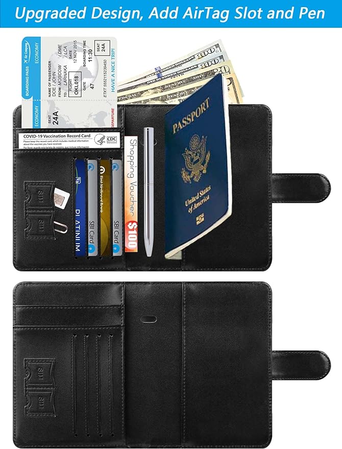 Airtag Passport Holder Cover Wallet RFID Blocking Leather Case Travel Essentials Luggage Accessories Travel Must Have(118#Black)