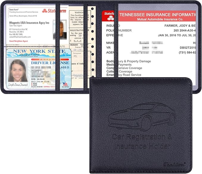 Car Insurance and Registration Holder, 5.5 x 5 Inch PU Leather Vehicle Glove Box Organizer Wallet Case for Insurance Card, Driver License, Paperwork - Black