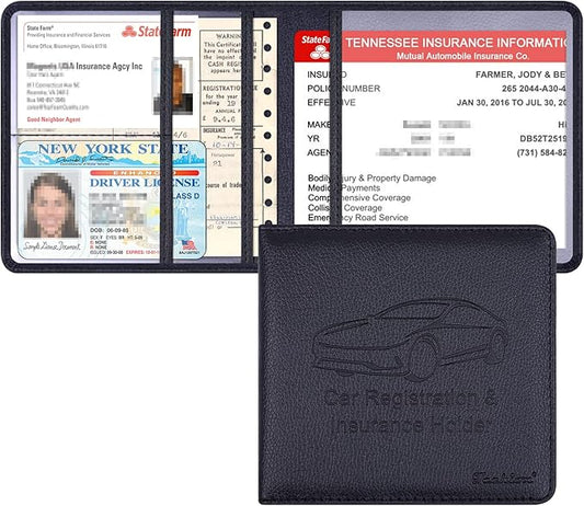 Car Insurance and Registration Holder, 5.5 x 5 Inch PU Leather Vehicle Glove Box Organizer Wallet Case for Insurance Card, Driver License, Paperwork - Black