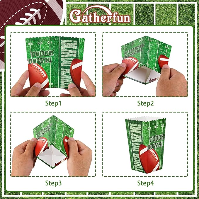 Gatherfun Football Party Supplies Kit for 24 - Popcorn Boxes，Popcorn Buckets for Birthday, Tailgate Celebrations | Football Party Favors & Decorations Set