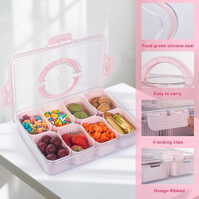 Patent Design Ribbed Snackle Box Container Divided Serving Tray with Lid and Handle -Charcuterie Container Portable Storage Organizer for Candy, Fruit, Beach, Picnics（1 pcs, Pink