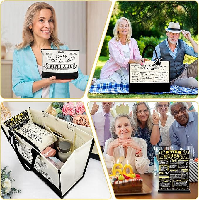 YeohJoy 61st Birthday Gifts for Her Canvas Tote Bag Travel Gear, Unique 61 Years Old Birthday Gifts for Girlfriend Sister Friends Women, Vintage 1964 Handbag & Cosmetic Bag & Back in 1964 Poster