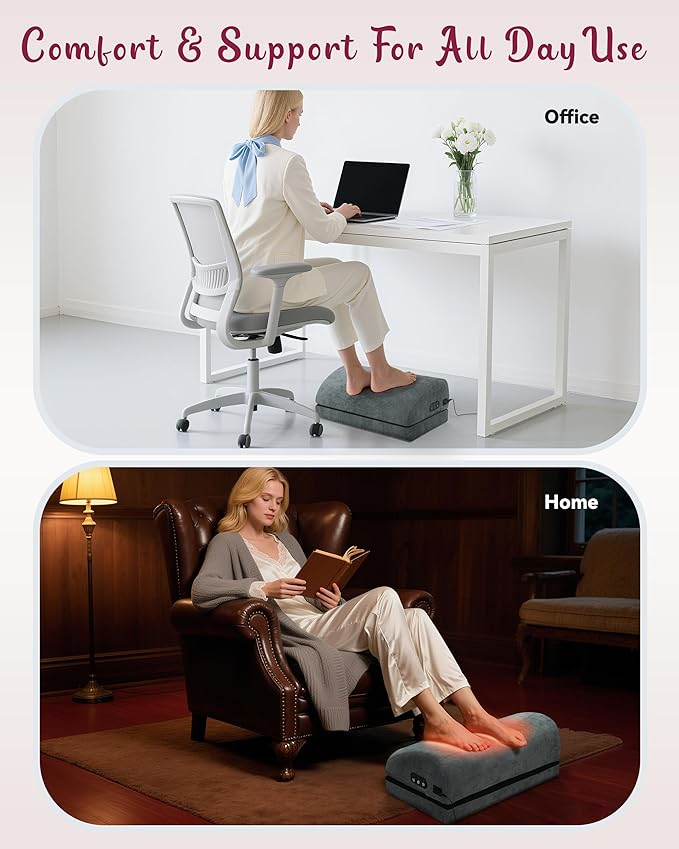 Heated Foot Rest for Under Desk at Work, Foot Stool with Vibration Massage, 2 Heat Levels, Adjustable Height, Ergonomic Memory Foam Feet Warmer Heater Footrest Under Desk for Gaming & Office Home