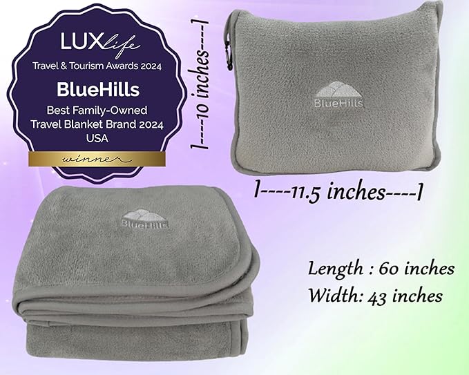 BlueHills Premium Soft Travel Blanket Pillow Airplane Flight Blanket Throw in Ultra-Soft Bag Pillow case Luggage Sleeve & Backpack Clip Large Air Warm Traveler Essentials - Light Gray T024
