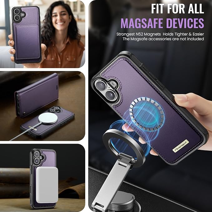 PlusnapX Wallet Case for iPhone 17 Compatible with Magsafe, 2-in-1 PU Leather Flip RFID Blocking Card Holder Stand Shockproof Magnetic Detachable Cover for iPhone 17 Case 6.3", Fashion Purple