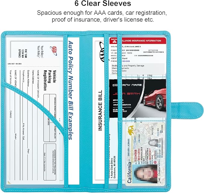 Car Registration and Insurance Holder, Leather Magnetic Shut Vehicle Glove Box Organizer for Document, Card, Driver License, Turquoise