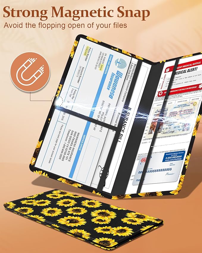 Slohif Car Registration and Insurance Card Holder with Magnetic Shut - Vehicle Glove Box Organizer Women Leather Automobile License Holders Coasters Auto Accessories Case for Document,Sunflower