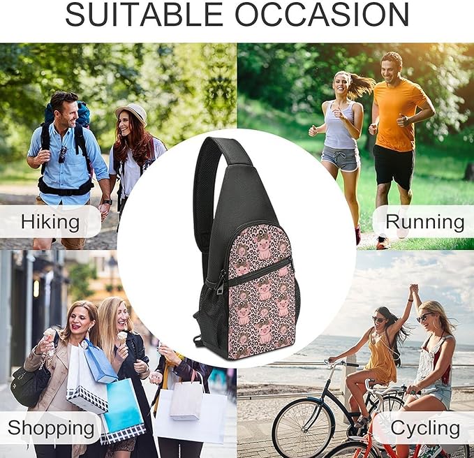 SWEET TANG Sling Backpack for Women, Cute Multipurpose Crossbody Shoulder Bag, Comfortable and Lightweight Adjustable Travel Hiking Daypack Cute Pig Leopard Print Pink