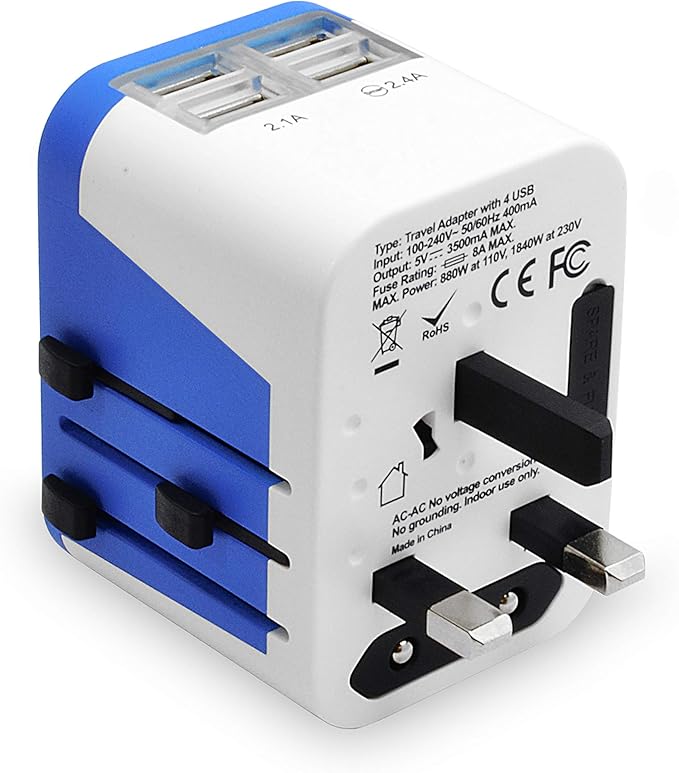 Ceptics Universal Travel Adapter Plug World Power W/ 4 USB Ports - Charge Cell Phones, Smart Watches, iPhones - For International Europe, China, UK, UAE, Australia - Type A, C, G, I