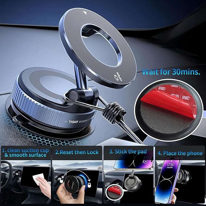 Magnetic Car Phone Holder for Magsafe [96+LBS Suction & 2800gf Magnetic],360°Adjustable Vacuum Suction Cup Car Phone Mount,Car Mount for iPhone 17 Pro Max 16 15 14 13 12 and All Smartphones