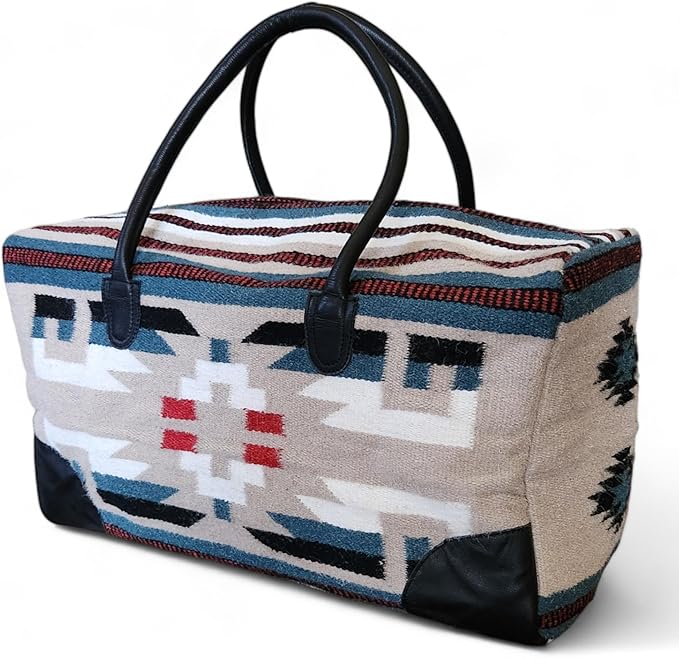 Aztec Large Weekender Southwestern Duffel Bag Saddle Blanket Bag 100% Leather Handles (Sahara)