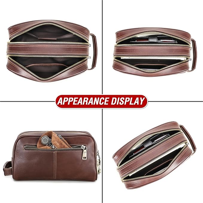 Top Grain Genuine Leather Travel Organizer Clutch Bag, Handmade Retro Vintage Design, 3 Zipper Pockets & Combination Locks, Portable Storage Bag for Phone/Cable/Charger/Cash/Toiletry/Makeup, Red Brown