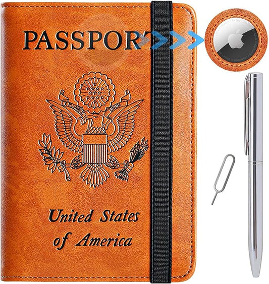 Airtag Passport Holder Cover Wallet Travel Essentials RFID Blocking Leather Card Case International Must Haves Travel Accessories for Women Men(119#Claybank)