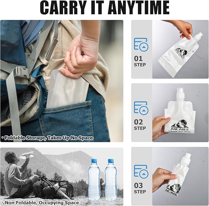 17oz Collapsible Water Bottles, 6-Pack Reusable Travel Foldable Water Bottles for Hiking Camping Running Bike, BPA-Free Water Bottle, White