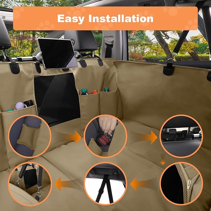 Furri&Me Dog Car Seat Cover, Back Seat Cover for Dogs Pet Car Seat Protector 400lbs Capacity Waterproof Non-Slip Bench Hard Bottom Car Seat Cover for Most Cars Trucks SUVs(Tan)