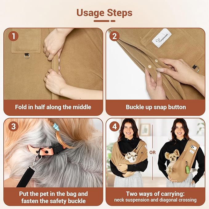 Dog Carrier Sling,Indoor Comfort Adjustable Cat Sling Carrier,with Front Pocket and Seat Belt Dog Carriers for Small Dogs Machine Washable,Suitable for Family Outdoor Use (Large, Khaki)