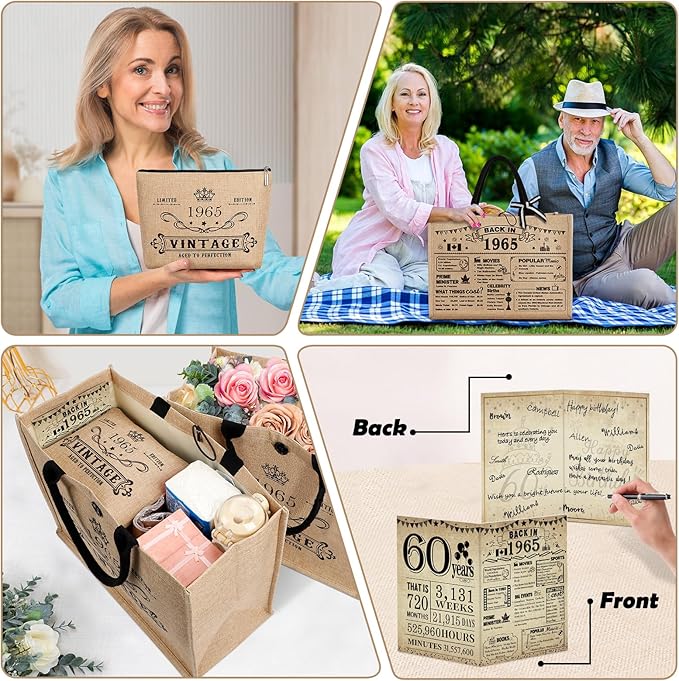 YeohJoy 60th Birthday Gifts for Women Jute Tote Bag, Vintage 1965 Burlap Bag with Cosmetic Bag and Back in 1965 Poster, Unique 60 Years Old Gifts for Mom Friends Wife Sister Her