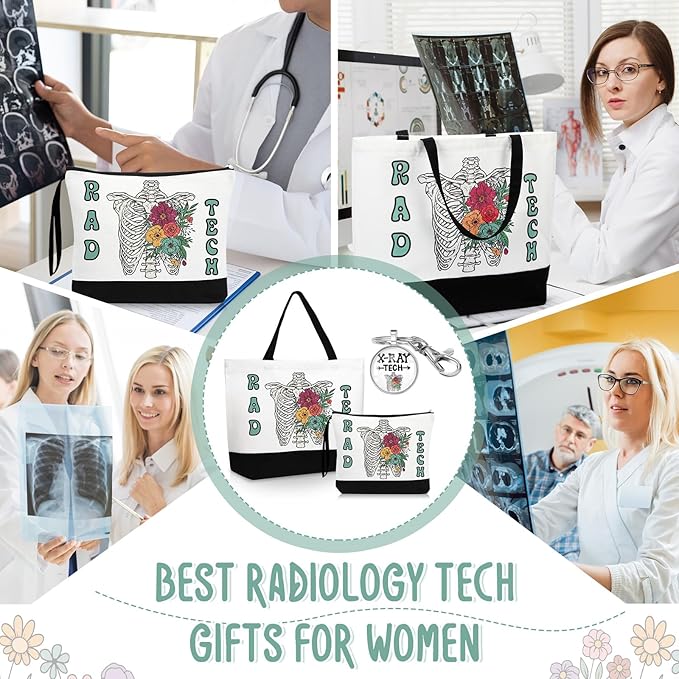Kacctyen 3 Pcs Radiologic Technology Gifts Fine Canvas Tote Bag Cute Makeup Cosmetic Bag Radiologic Technologist Appreciation Keychains Rad Tech Gifts for Women Female Birthday