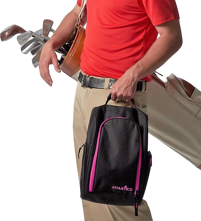 Athletico Golf Shoe Bag - Zippered Shoe Carrier Bags With Ventilation & Outside Pocket for Socks, Tees, etc. (Black/Pink)