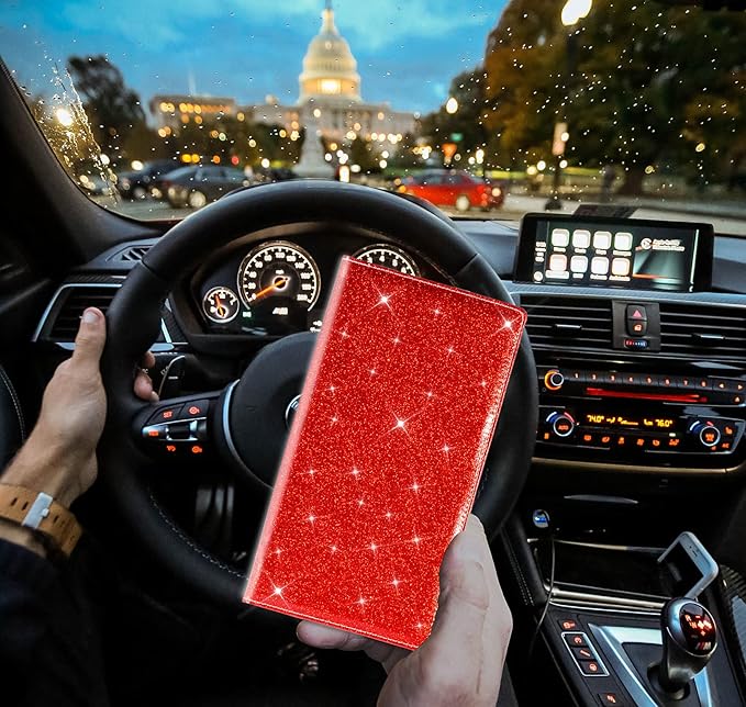 TOURSUIT Car Registration and Insurance Card Holder, Vehicle License Document Glove Box Compartment Organizer, Interior Car Accessories for Women Men Teens (Glitter Red)