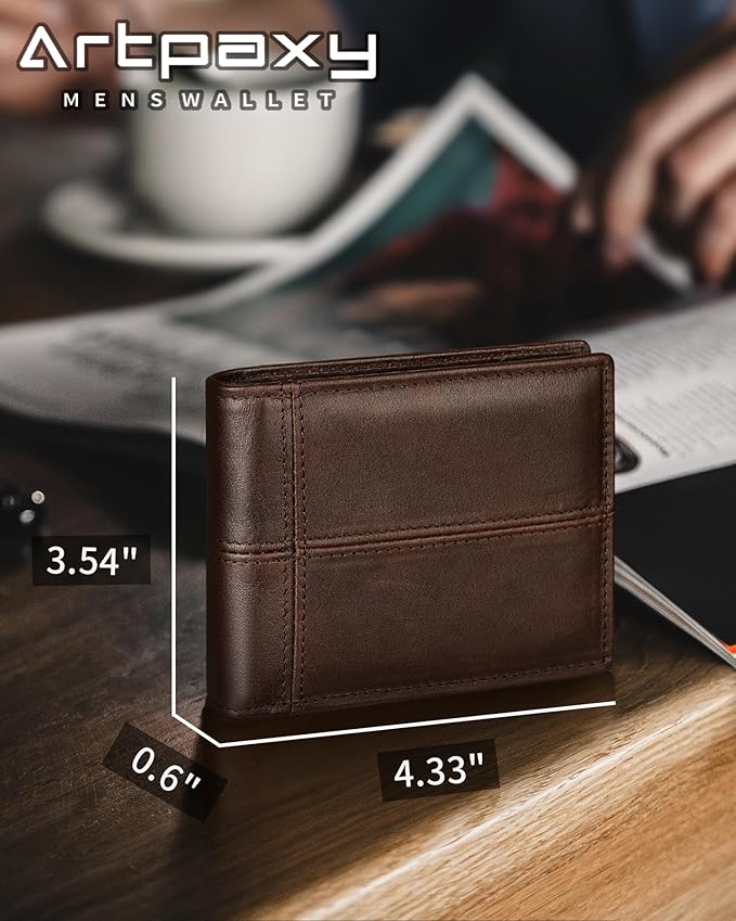 Artpaxy Mens Wallet Bifold Genuine Leather RFID Blocking Wallet for Men with 2 ID Windows 12 Card Holders 2 cash pockets 1 Gift Box