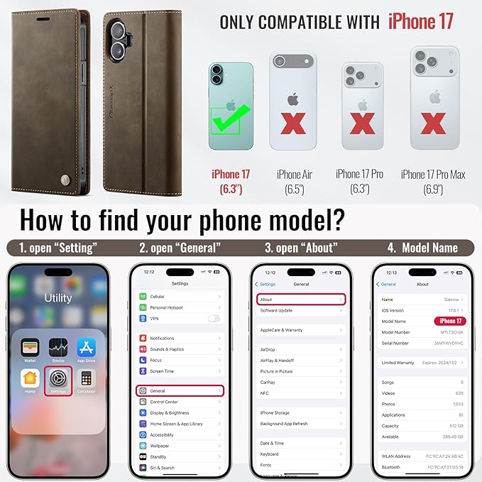 PlusnapX Wallet Case for iPhone 17 Compatible with Magsafe, 2-in-1 PU Leather Flip RFID Blocking Card Holder Stand Shockproof Magnetic Detachable Cover for iPhone 17 Case 6.3", Brown