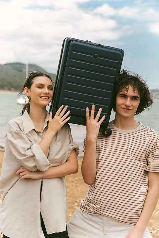 LEVEL8 Carry On Luggage with Compartment, 20 Inch Lightweight Hard Shell Rolling Suitcase with Wheels Airline Approved with Front Pocket, Double Tsa Locks, Navy Blue