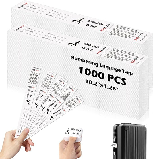 1000 Pcs Paper Hotel Luggage ID Tags with Transfer Tape On Back Luggage Tags Bulk Black Baggage Claim Check Tags Serial Numbering Claim Ticket Baggage Identification for Suitcase Motel Bag Storage