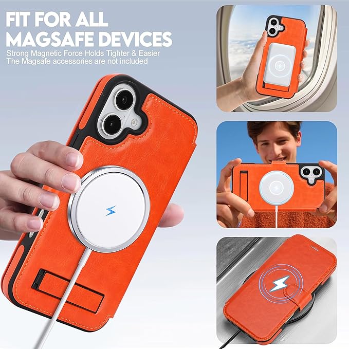 CIVICASE for iPhone 17 Wallet Case with Stand,PU Leather Flip Credit Card Holder Slots (RFID Blocking),Compatible with Magsafe Magnetic Holder Phone Cover Women Men,Orange
