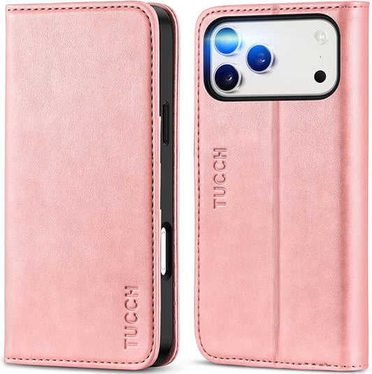 TUCCH Case Wallet for iPhone 17 Pro Max (6.9") 2025, RFID Blocking 3 Card Holders | Kickstand | PU Leather | Protective Flip Folio Cover | TPU Shockproof Interior Shell | Pink