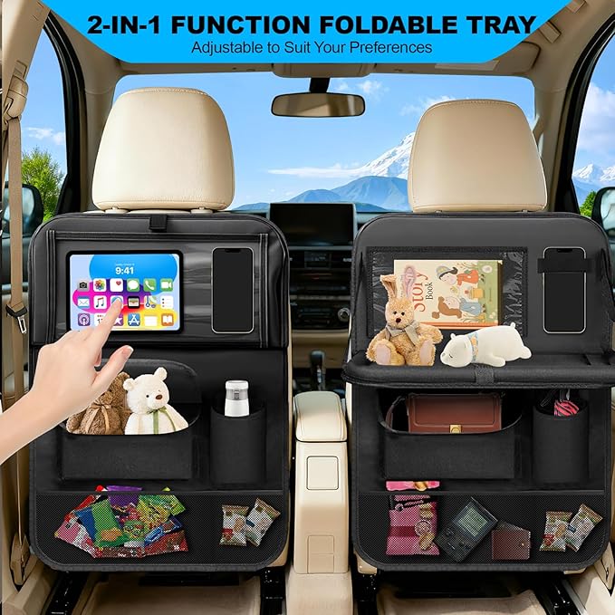 BLYPHOO Car Backseat Organizer: Back Seat Storage Organizer for Kids with Tablet Holder, Heavy Duty Back Seat Protector with Foldable Table Tray, Kick Mats w/Pockets, Road Trip Essentials, 2 Count