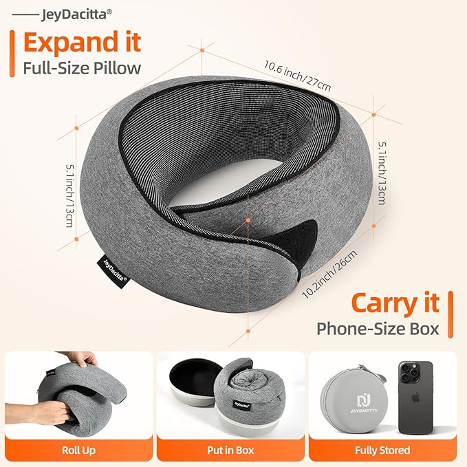 Premium Travel Pillow, Upgraded Memory Foam Neck Pillow, 360° Ergonomic Design Airplane Pillow Travel Pillows for Airplanes, Cars, Offices, Home Use, Ideal for Adults and Kids (Dark Gray)