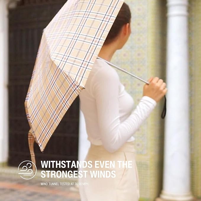 Knirps T.200 Duomatic Compact Rain Umbrella in Check Beige– Wind Tunnel Tested to 93 mph, Aluminum Steel Fiberglass Frame, 38in Canopy, OEKO-TEX, High-Performance Automatic Travel Umbrellas