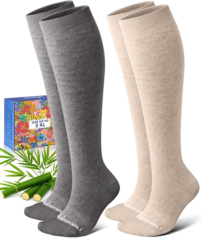 Bamboo Viscose Compression Socks for Women Men 2 Pairs 15-20mmHg Knee High Compression Socks Travel Nurse