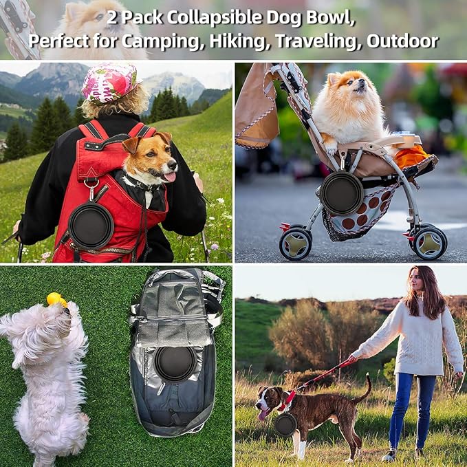 Kytely Large Collapsible Dog Bowls 2 Pack, 34oz Foldable Dog Travel Bowl, Portable Pet Water Food Bowl with Clasp, Pet Cat Feeding Cup Dish for Traveling, Walking, Hiking (Black+Balck)