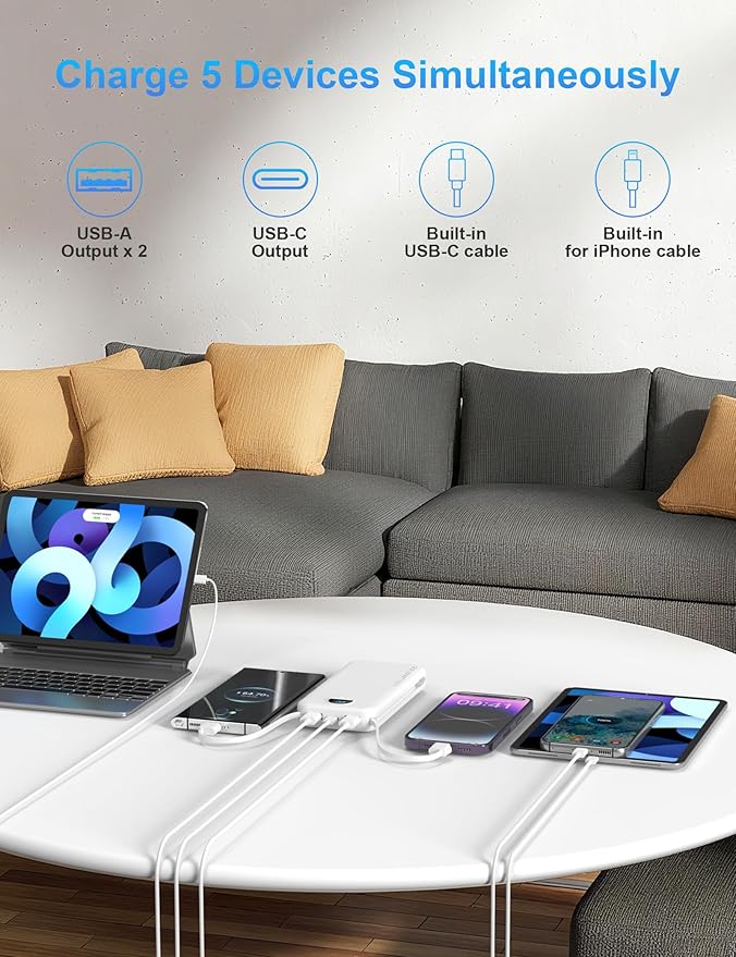 Portable Charger with Wall Plug, 12000mAh USB C Power Bank Fast Charging, External Battery Pack with Built in Cables, Digital Display, 5 Output 4 Input for iPhone Android Cell Phone Tablet