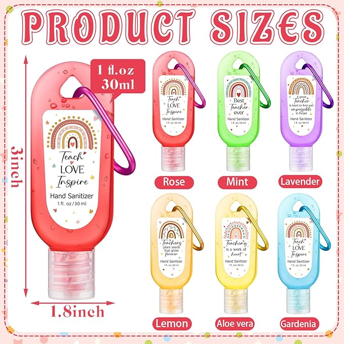 24 Packs Appreciation Teachers Hand Sanitizers Keychains Boho Rainbow Mini 1oz Travel Size Hand Sanitizer Bulk Appreciation Gifts for Teacher's Day Christmas Employees Women Gift