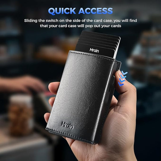 Mrain Mens Slim Minimalist Wallet Card Holder with Coin Pocket, Cash Slot, Magnetic Closure, Pop Up Aluminum Case, ID Window, Leather Wallet, RFID Blocking, 9-13 Card Capacity (Wax Black)