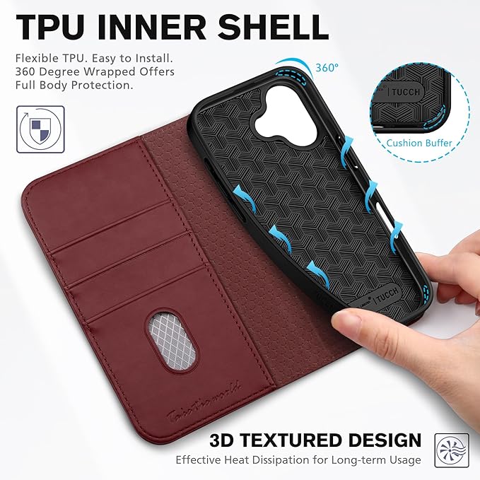 TUCCH Wallet Case for iPhone 17 (6.3") 2025, 3 Credit Card Slot | RFID Blocking | Stand | PU Leather | Protective Flip Folio Cover | Shockproof TPU Interior Shell | Deep Red