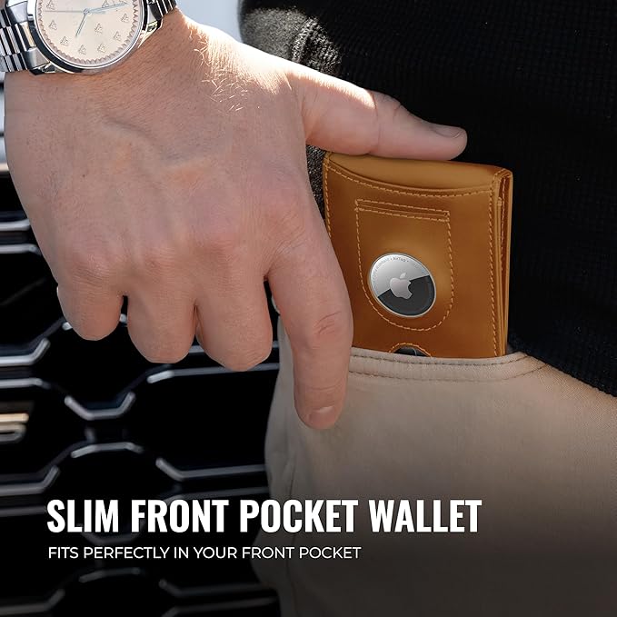 Kingly Trace Airtag Wallet for Men - Smart RFID Blocking Leather Wallet with Airtag Holder & Money Clip - Minimalist Trackable Design with Pull Tab - Secure Wallets