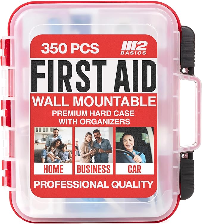 M2 BASICS Professional 350-Piece Emergency First Aid Kit for Car, Home, Office & Business – Organized Dual-Layer Hard Case, Wall-Mountable Medical Supply Organizer, OSHA Workplace Safety