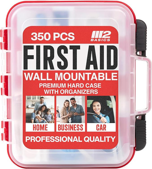 M2 BASICS Professional 350-Piece Emergency First Aid Kit for Car, Home, Office & Business – Organized Dual-Layer Hard Case, Wall-Mountable Medical Supply Organizer, OSHA Workplace Safety