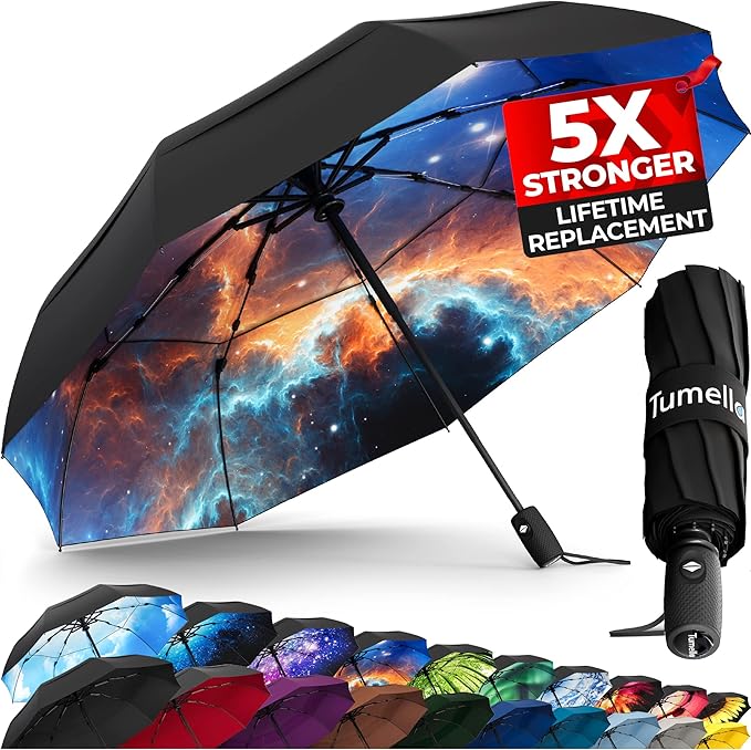TUMELLA Strongest Windproof Travel Umbrella (Compact, Superior & Beautiful), Small Strong but Light Portable and Automatic Folding Rain Umbrella, Durable Premium Grip, Fits Car & Backpack