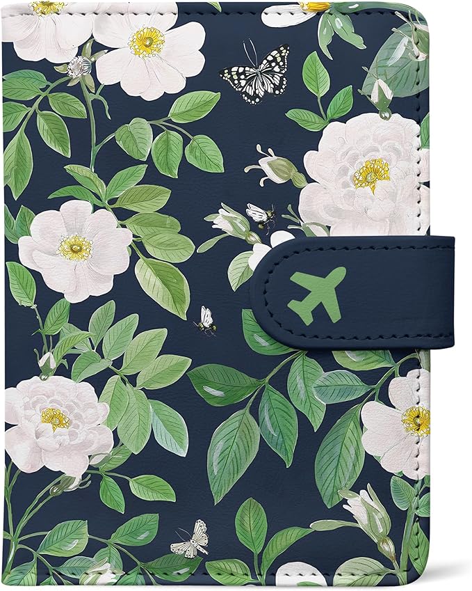 Passport Holder, Travel Wallet Cover with Pen Loop | Cute RFID Blocking Leather Case with Magnetic Closure for Travel Essentials-flower
