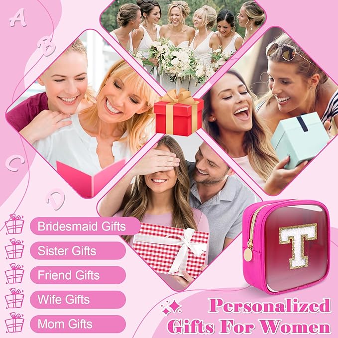 Personalized Initial Letter Clear Preppy Makeup Bag,Mini Nylon Chenille Letter Cosmetic Bag Cute Zipper Pouch Coin Purse for Teen Girls,Portable TSA Approved Travel Essentials Bag Gift for Women,T