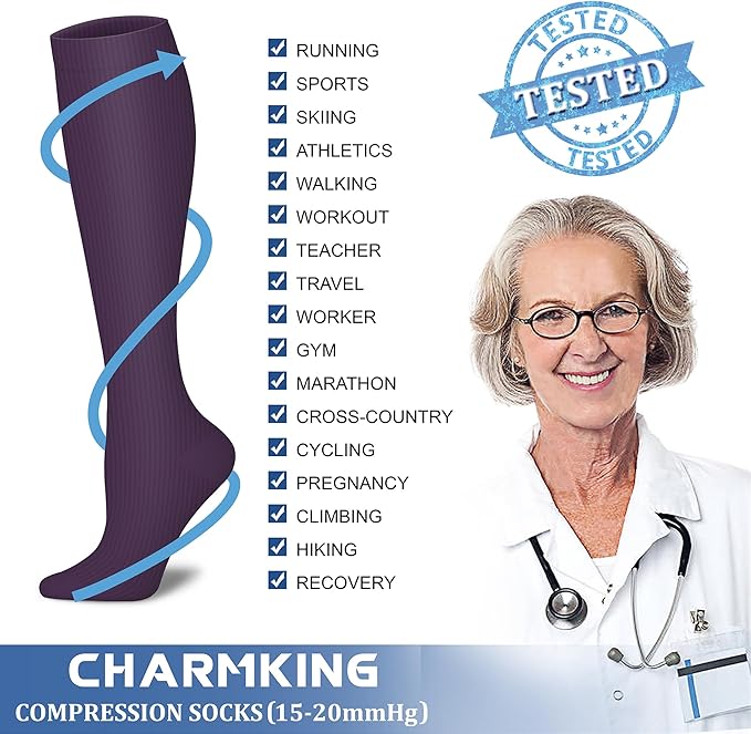 CHARMKING Compression Socks for Women & Men Circulation (8 Pairs) 15-20 mmHg is Best Support for Athletic Running,Cycling