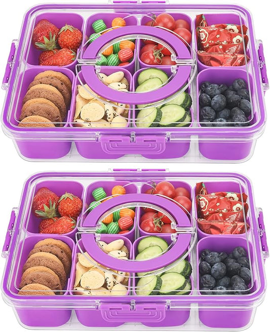 shopwithgreen 2Pcs Snackle Box Container, Divided Serving Tray with Lid and Handle, Snack Box Container Food Platter Charcuterie for Party, Veggies, Snack, Fruit, Nuts, Entertaining, Picnic,Purple